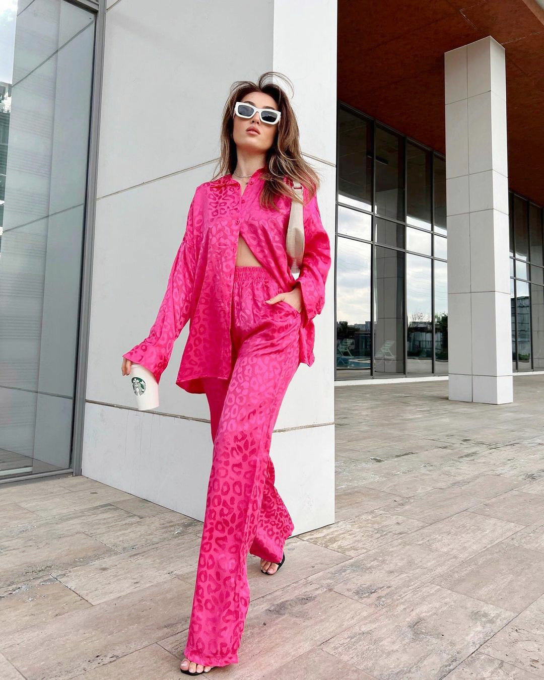 Satin Leopard Print Shirt and Trouser Set