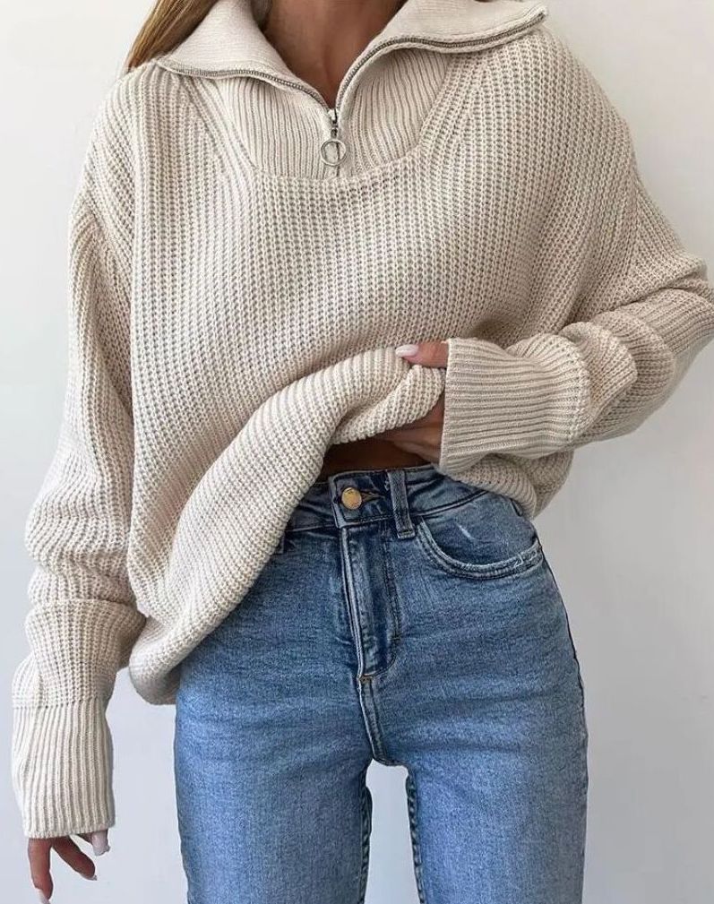 High Neck Zip Knit Sweater for Women
