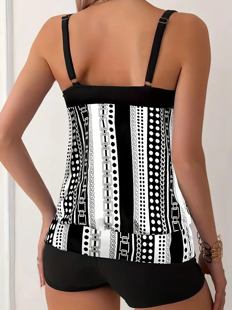 Striped and Polka Dot Ivy Tankini with High Elasticity