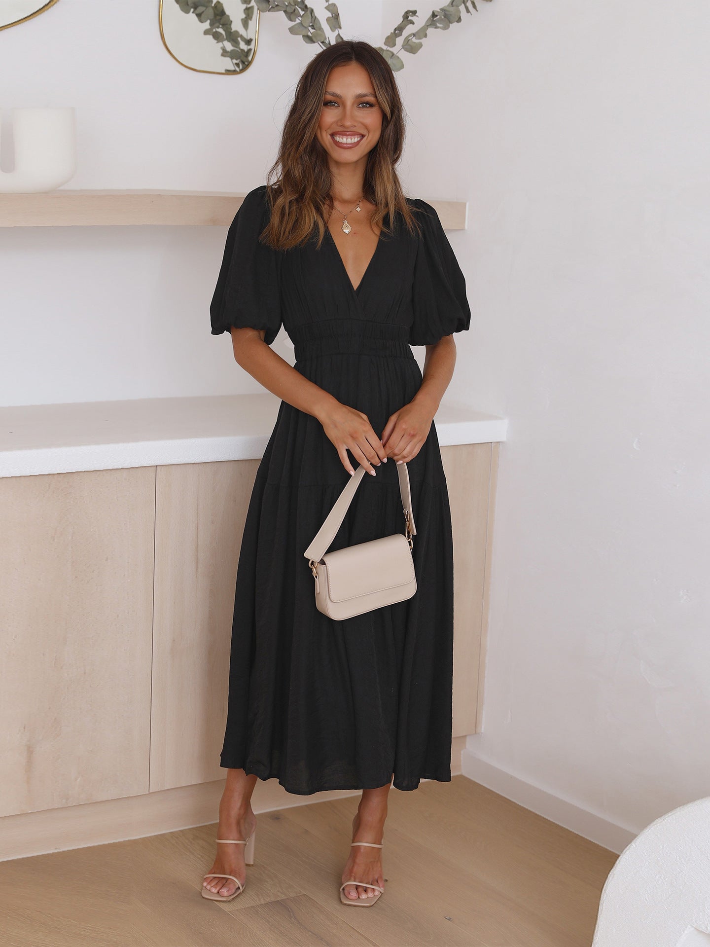V-neck Ella Dress with Puff Sleeves for Effortless Style