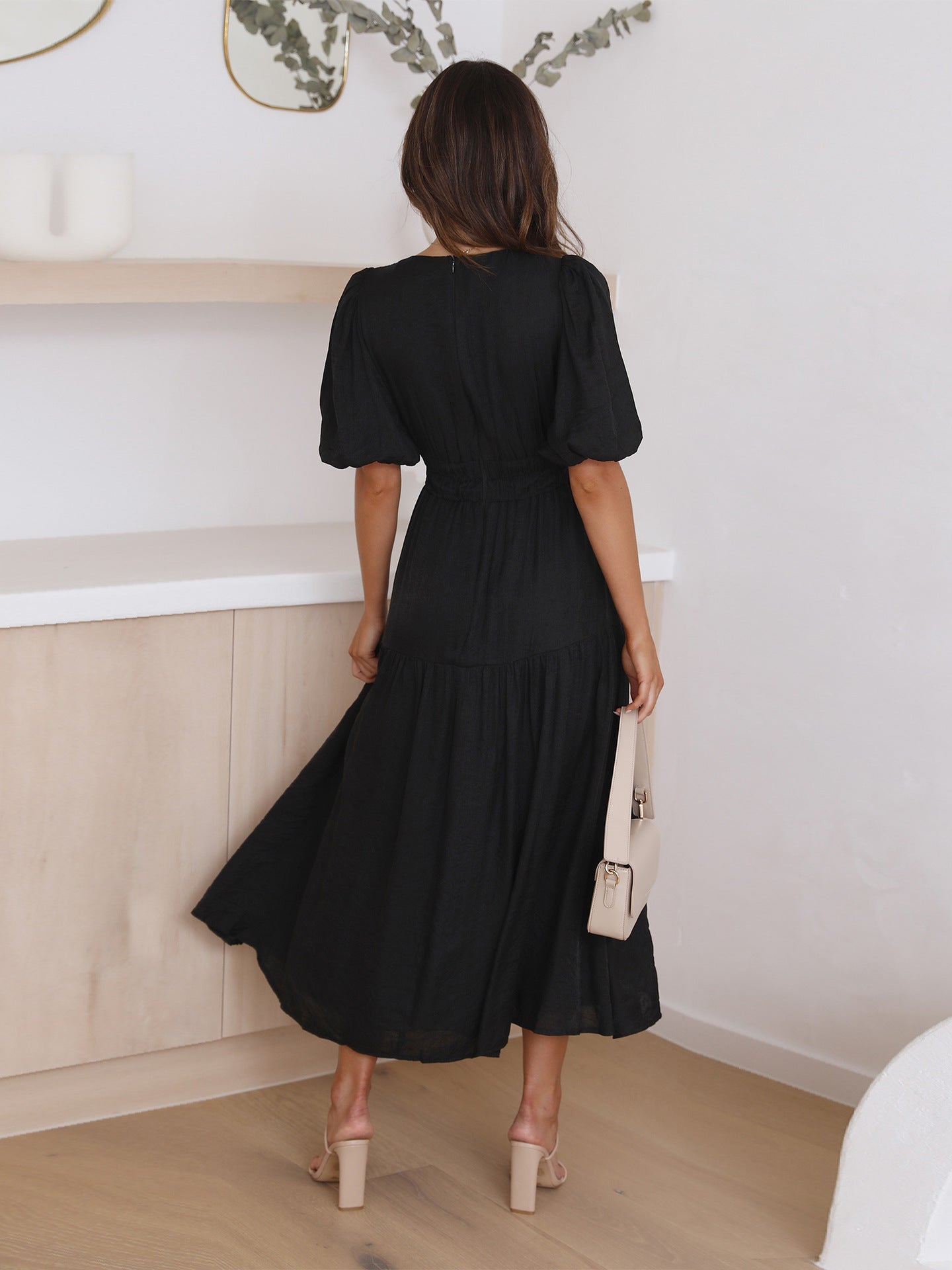 V-neck Ella Dress with Puff Sleeves for Effortless Style