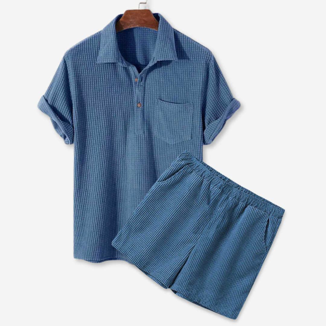 Waffle Knit Polo Shirt and Shorts Set