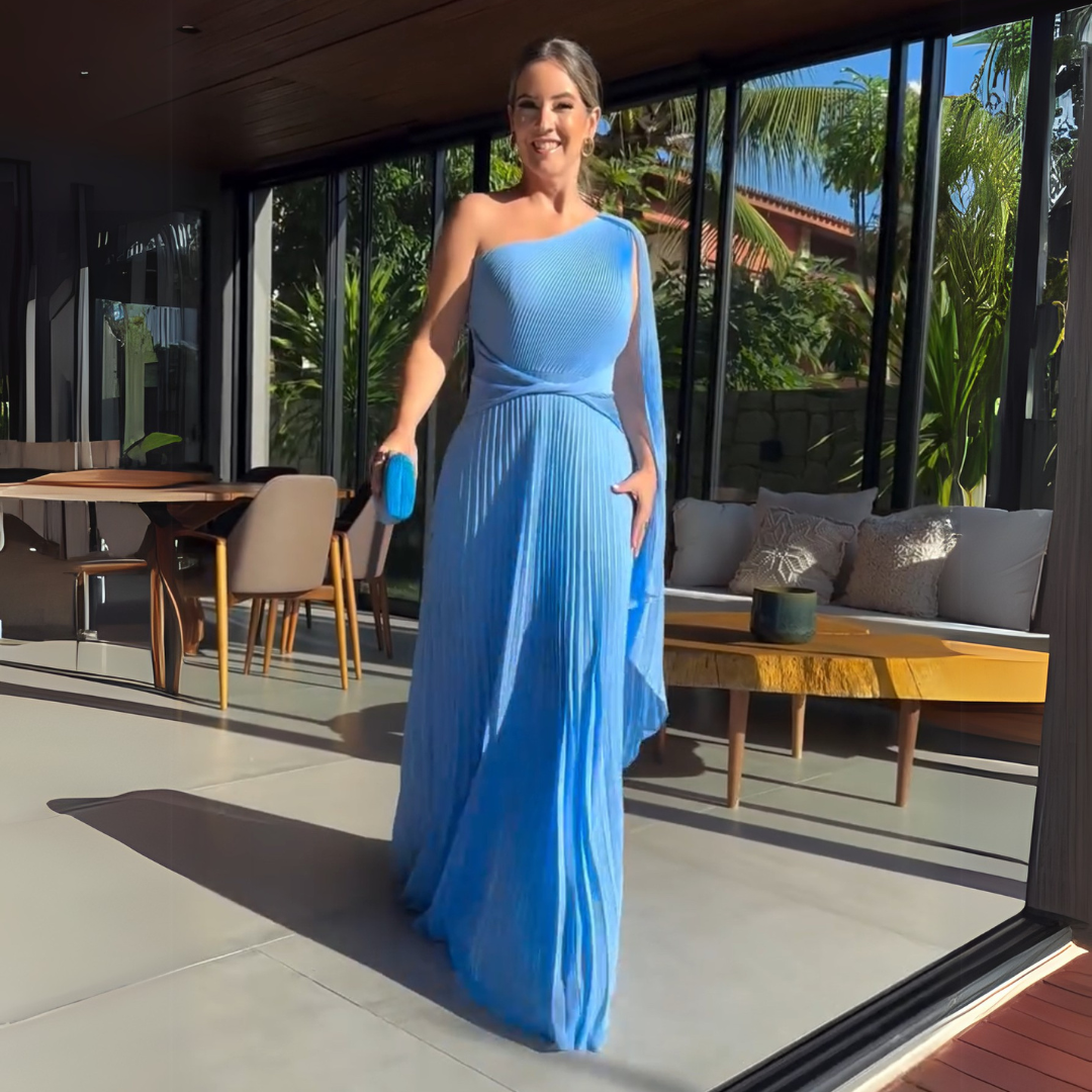 Asymmetrical Pleated Maxi Dress with Side Cape for Elegant Movement