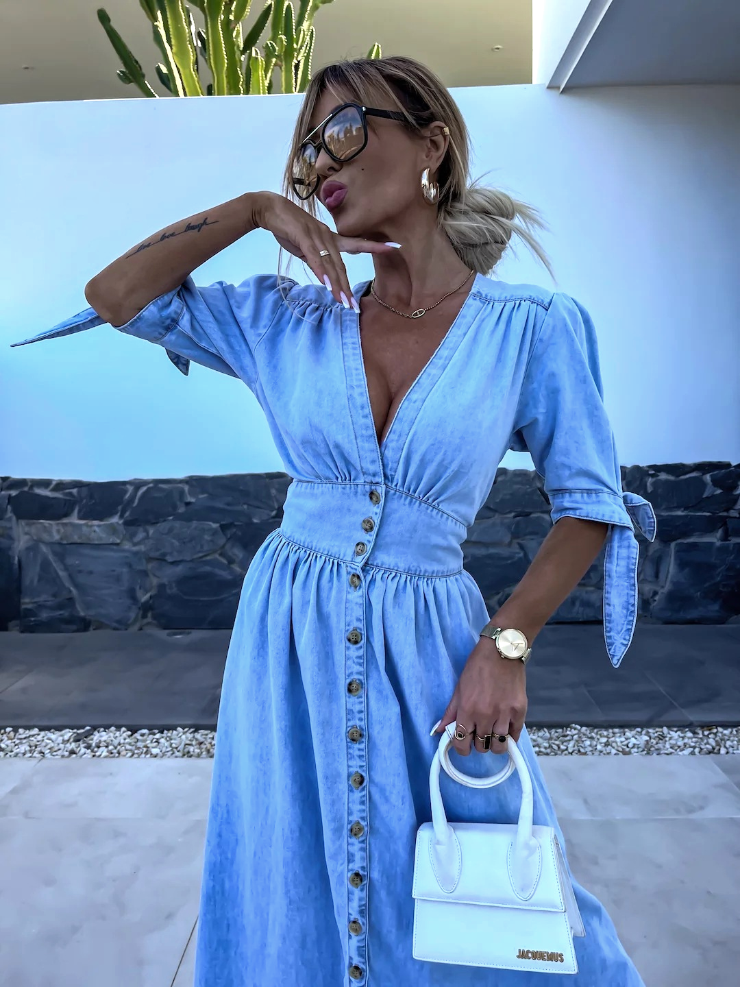 Chic Long Chambray Dress with Stylish Front Slit