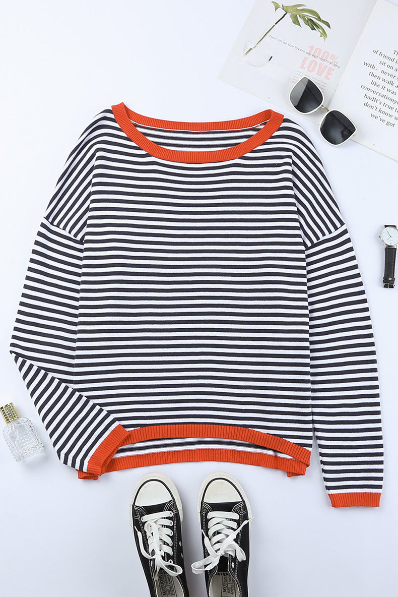 Orange-Trim Striped Blouse for a Stylish Look