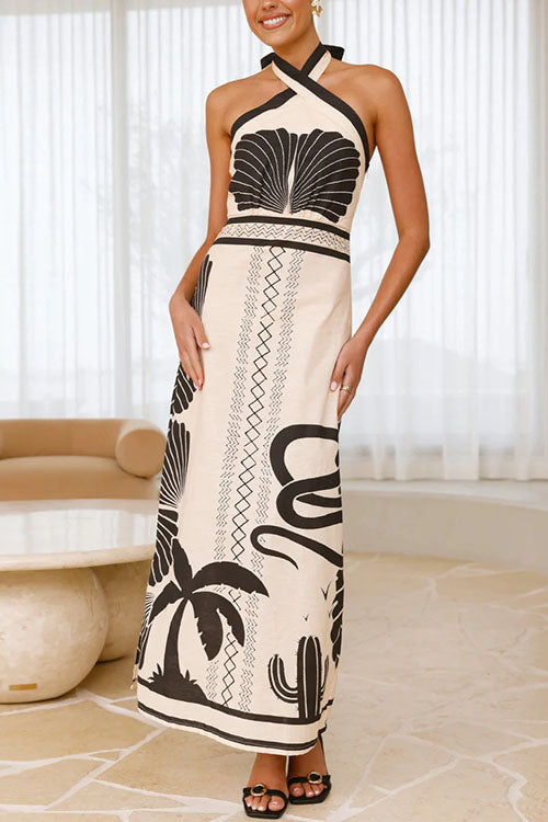 Palm Canyon Print Crossed Halter Maxi Dress