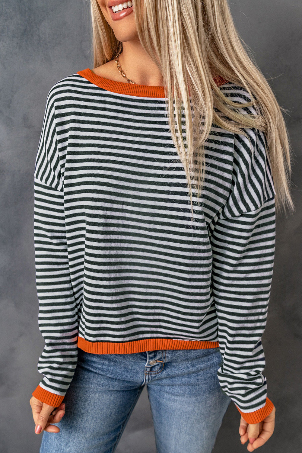 Orange-Trim Striped Blouse for a Stylish Look