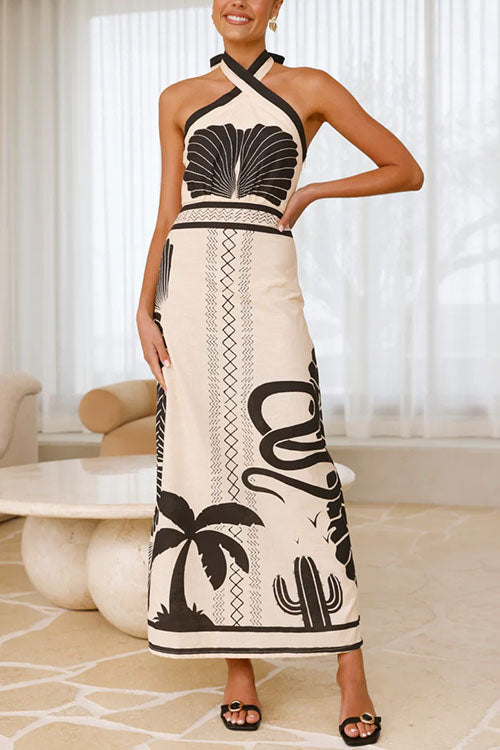 Palm Canyon Print Crossed Halter Maxi Dress