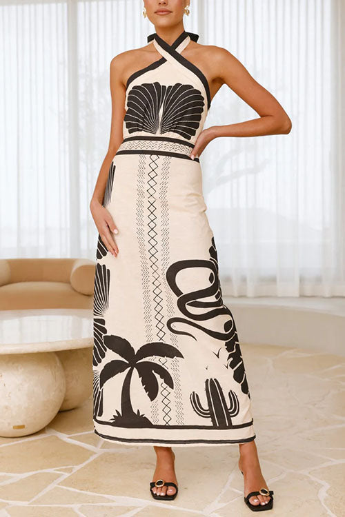 Palm Canyon Print Crossed Halter Maxi Dress