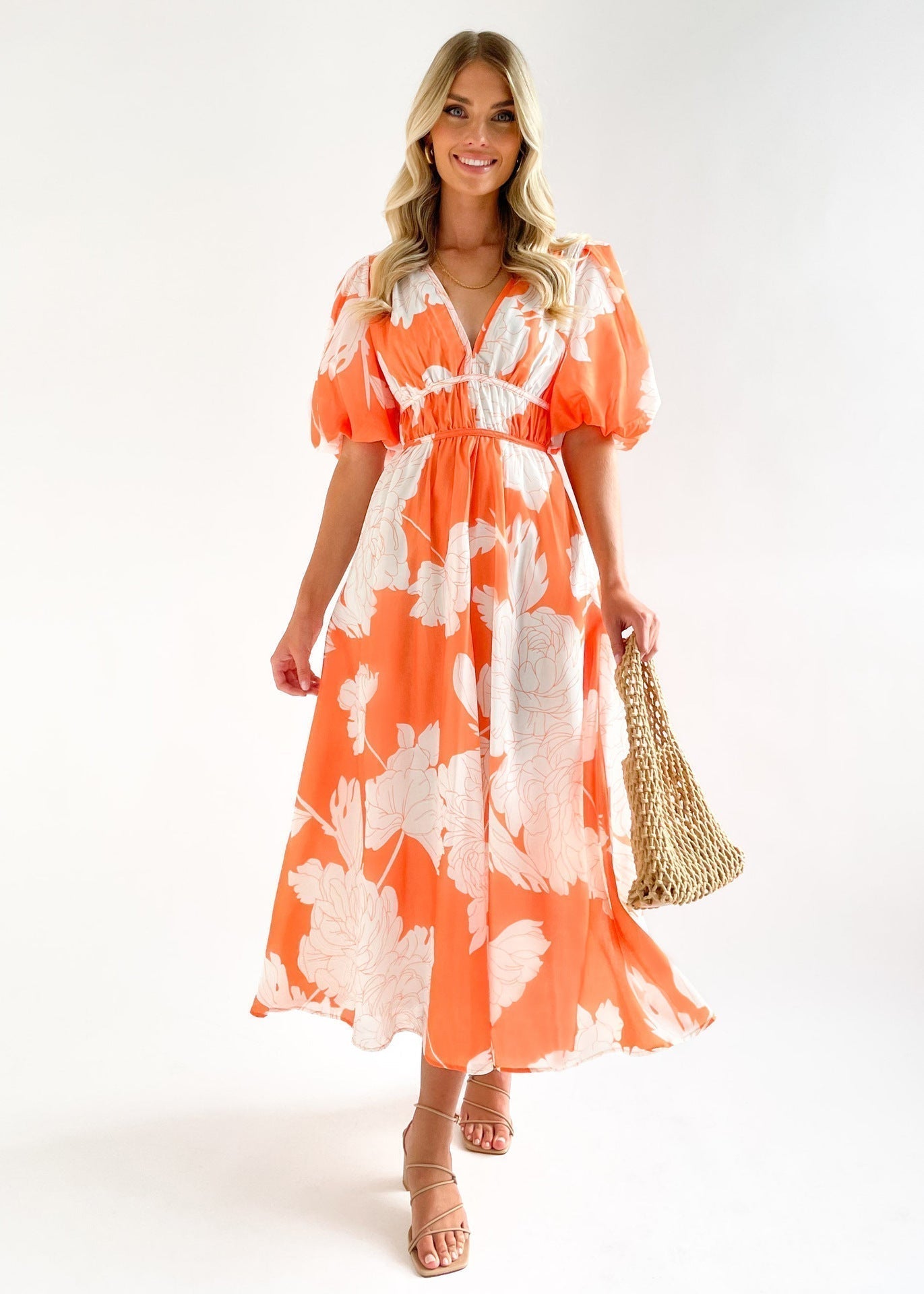 V-Neck Long Dress with Puff Sleeves for Elegant Style
