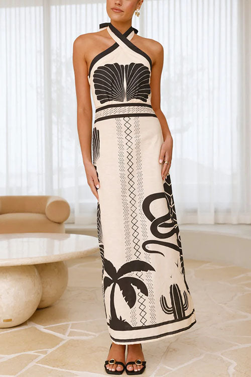 Palm Canyon Print Crossed Halter Maxi Dress
