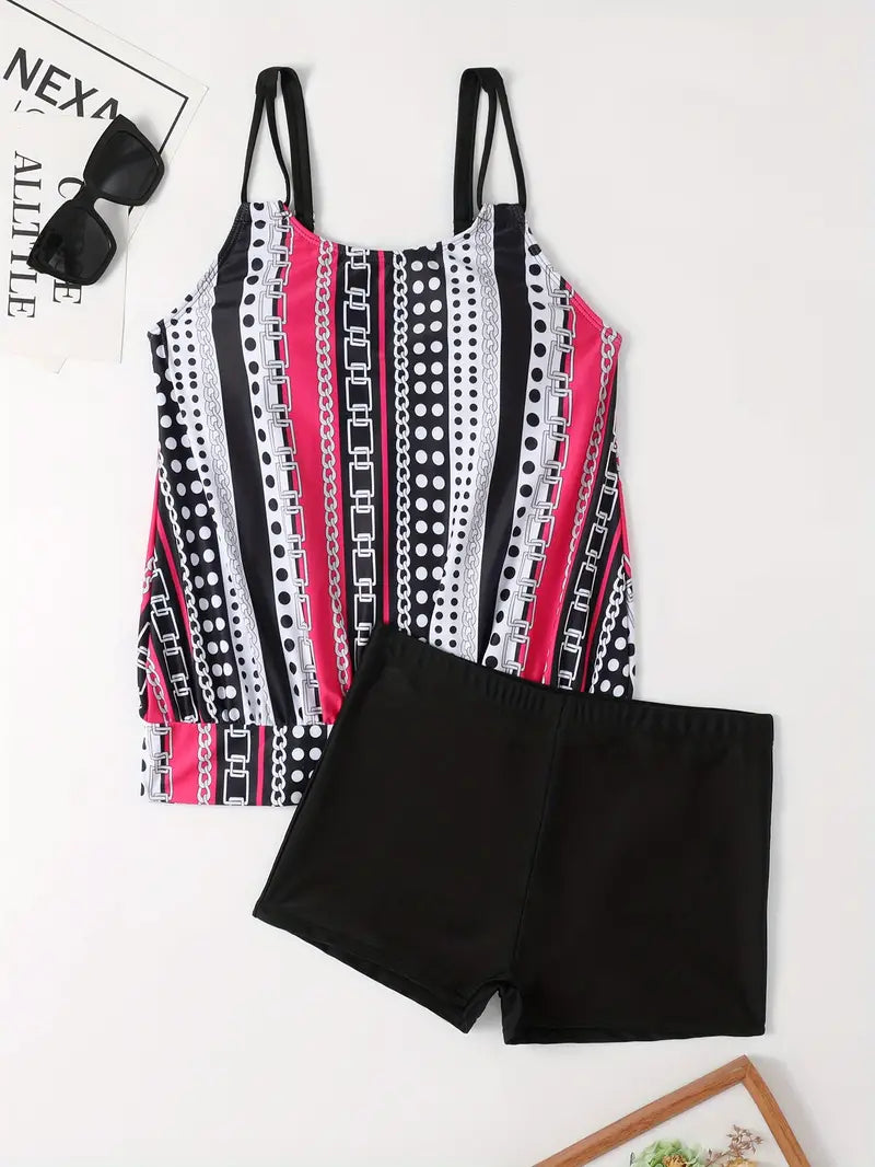 Striped and Polka Dot Ivy Tankini with High Elasticity