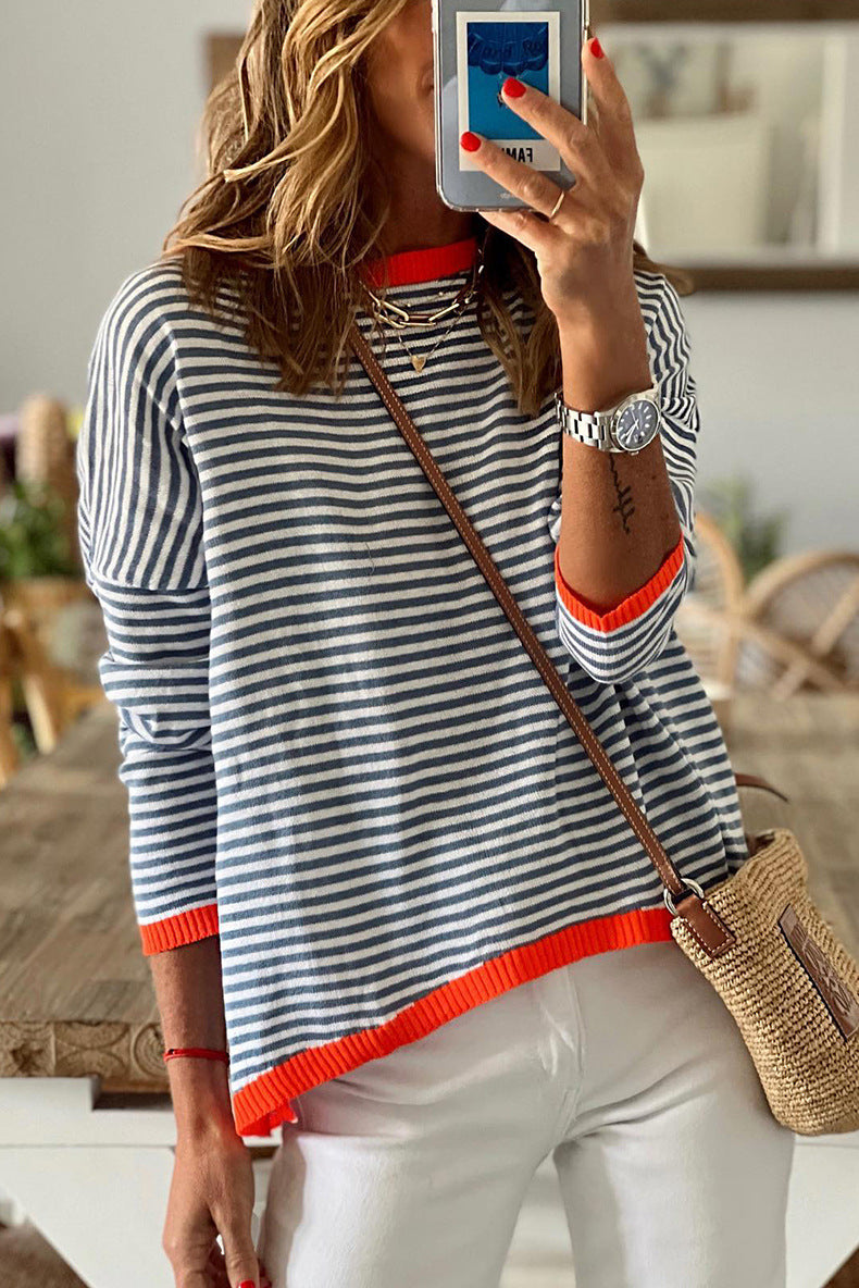 Orange-Trim Striped Blouse for a Stylish Look