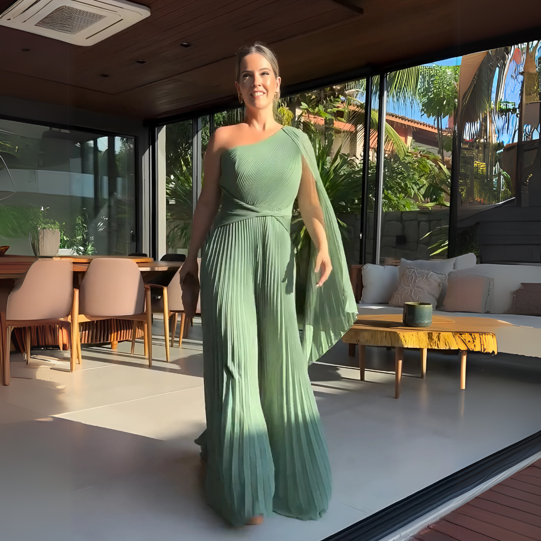 Asymmetrical Pleated Maxi Dress with Side Cape for Elegant Movement