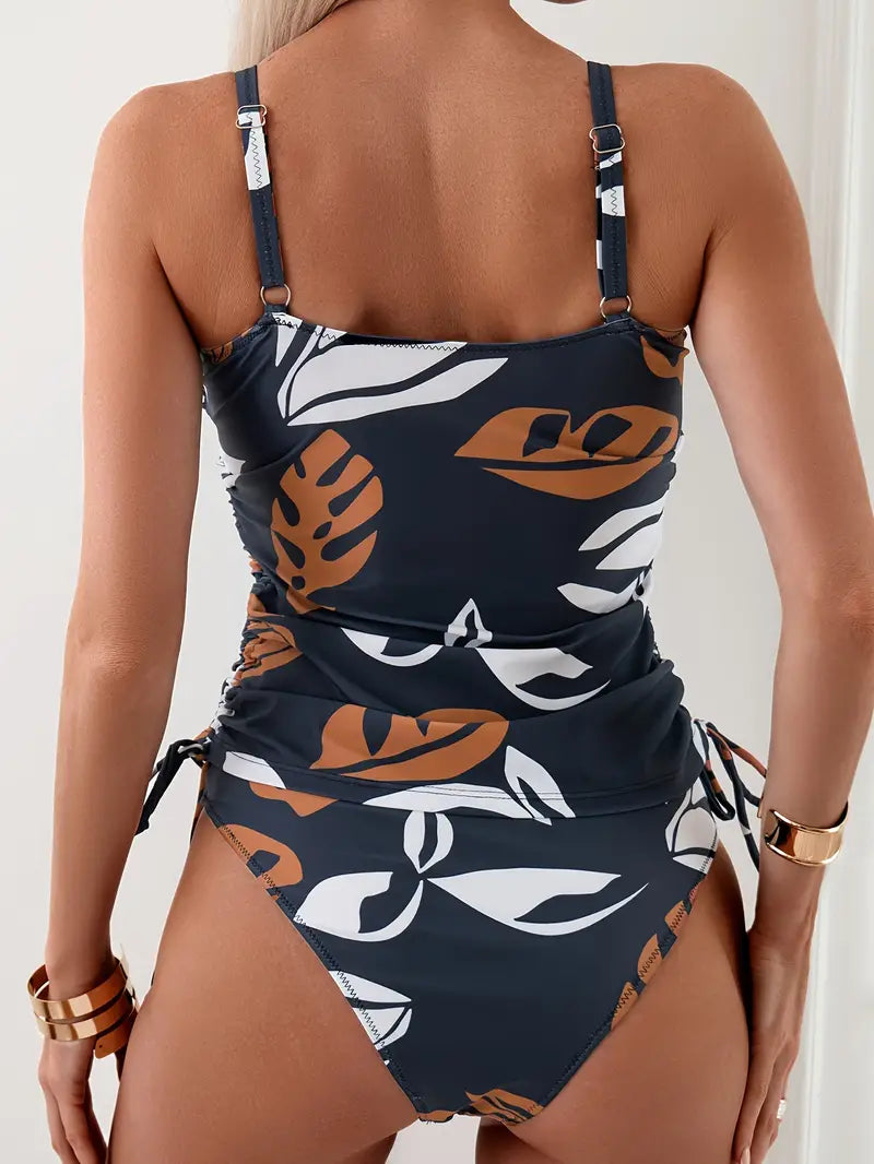 Foliage Print Tankini Set with Adjustable Tie Straps