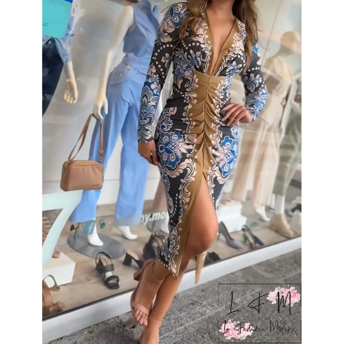 Floral Print Midi Party Dress with Front Ruching Detail