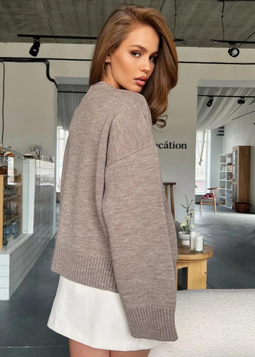 Women’s Oversized Knit Cardigan – V-Neck, Button Front, Long Sleeve