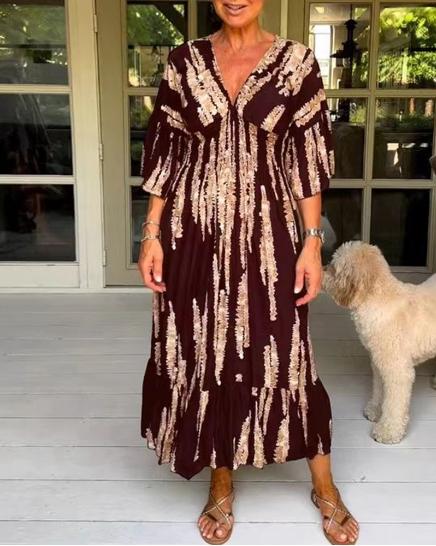 Elegant Long V-Neck Dress in Aurora Color