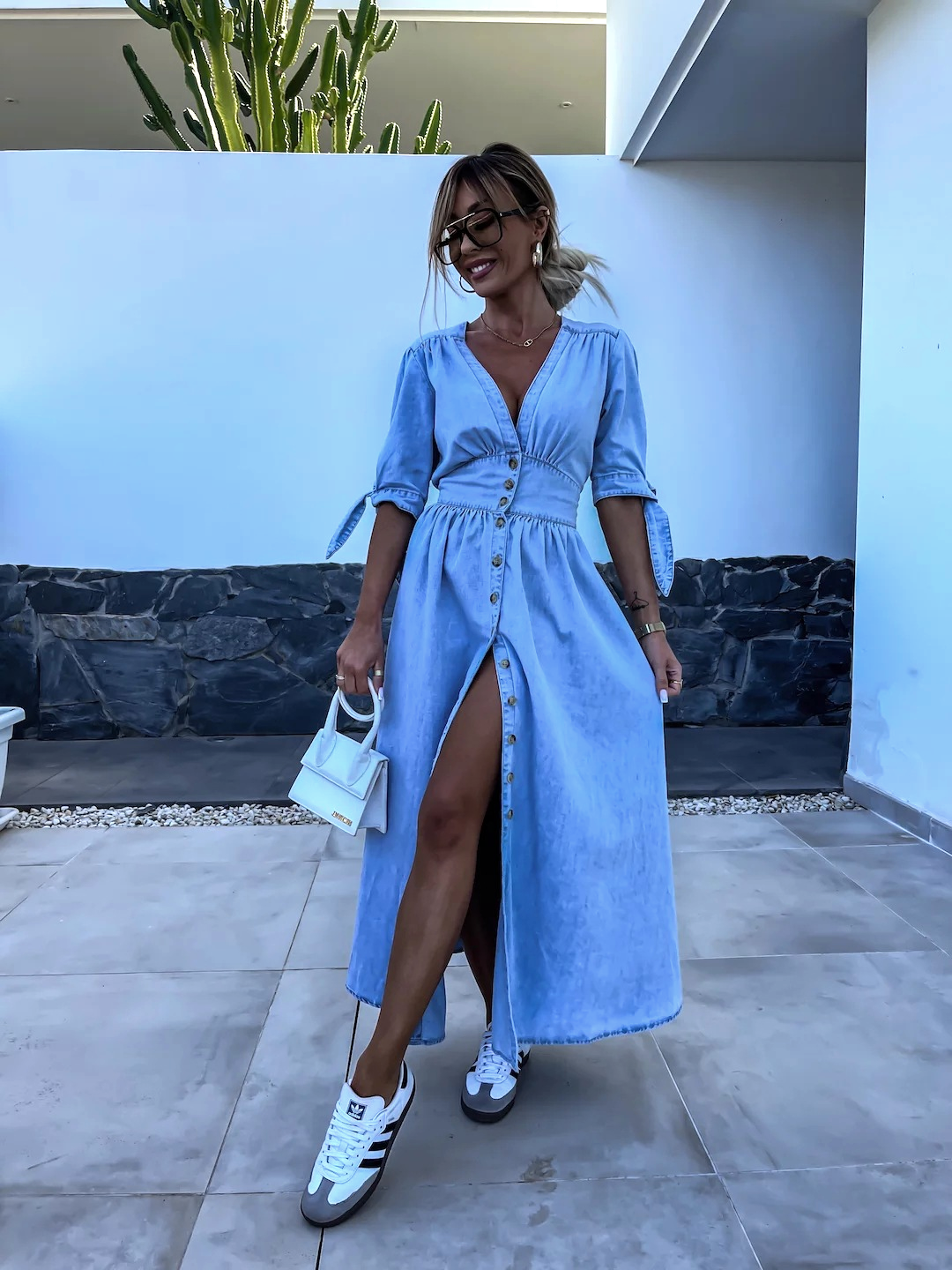 Chic Long Chambray Dress with Stylish Front Slit