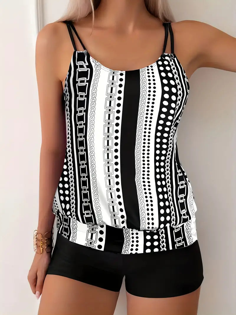 Striped and Polka Dot Ivy Tankini with High Elasticity