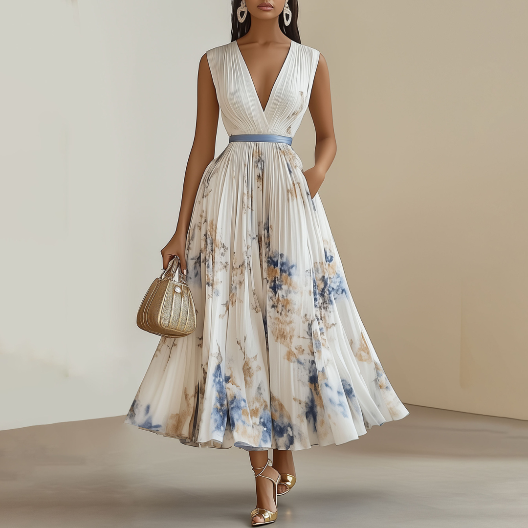 Sleeveless Watercolor Floral Ceremony Pleated Maxi Dress
