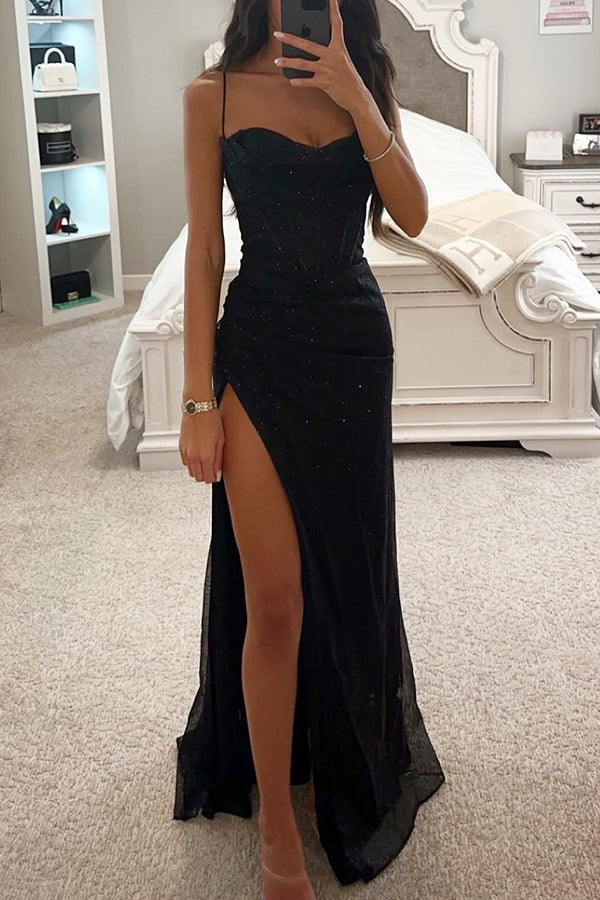 Romantic Sequin Maxi Dress with Round Neck, Corset Detail, and Split