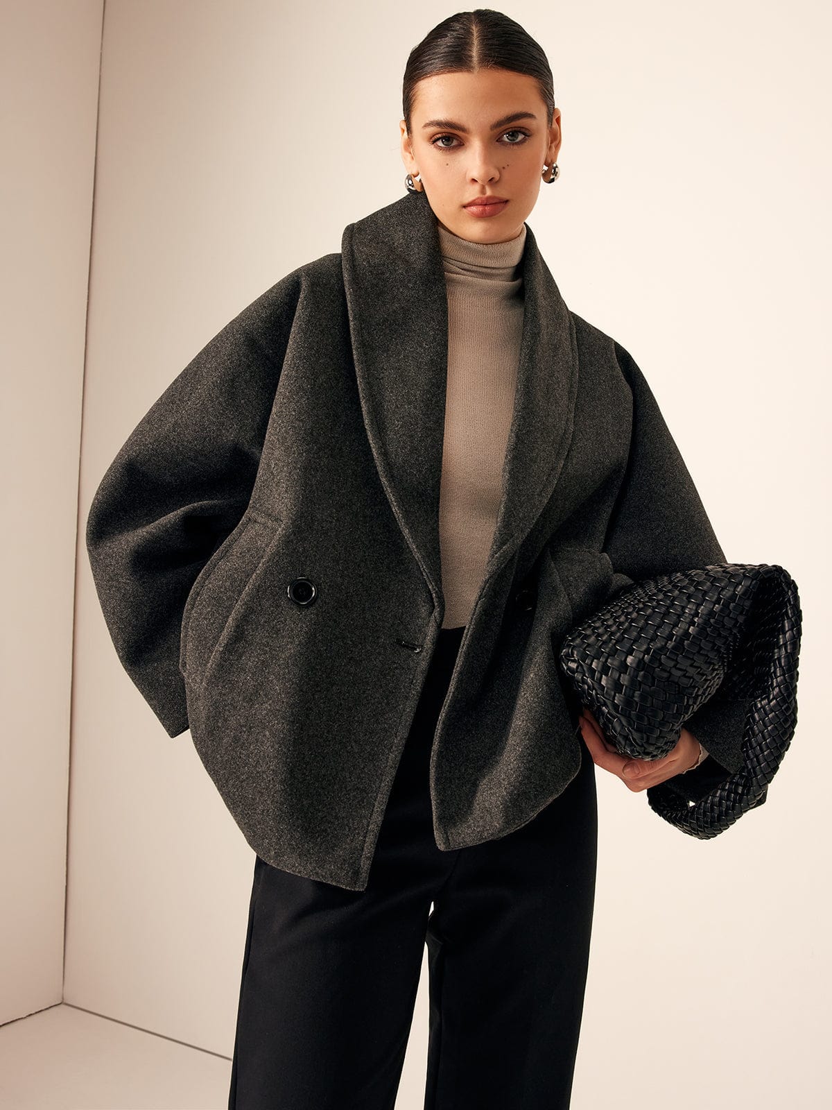 Women’s Wool Oversized Blazer Coat – Modern Shawl Collar Jacket