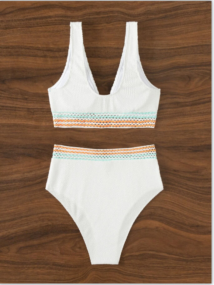 High-Waisted White Crochet Bikini Swimsuit
