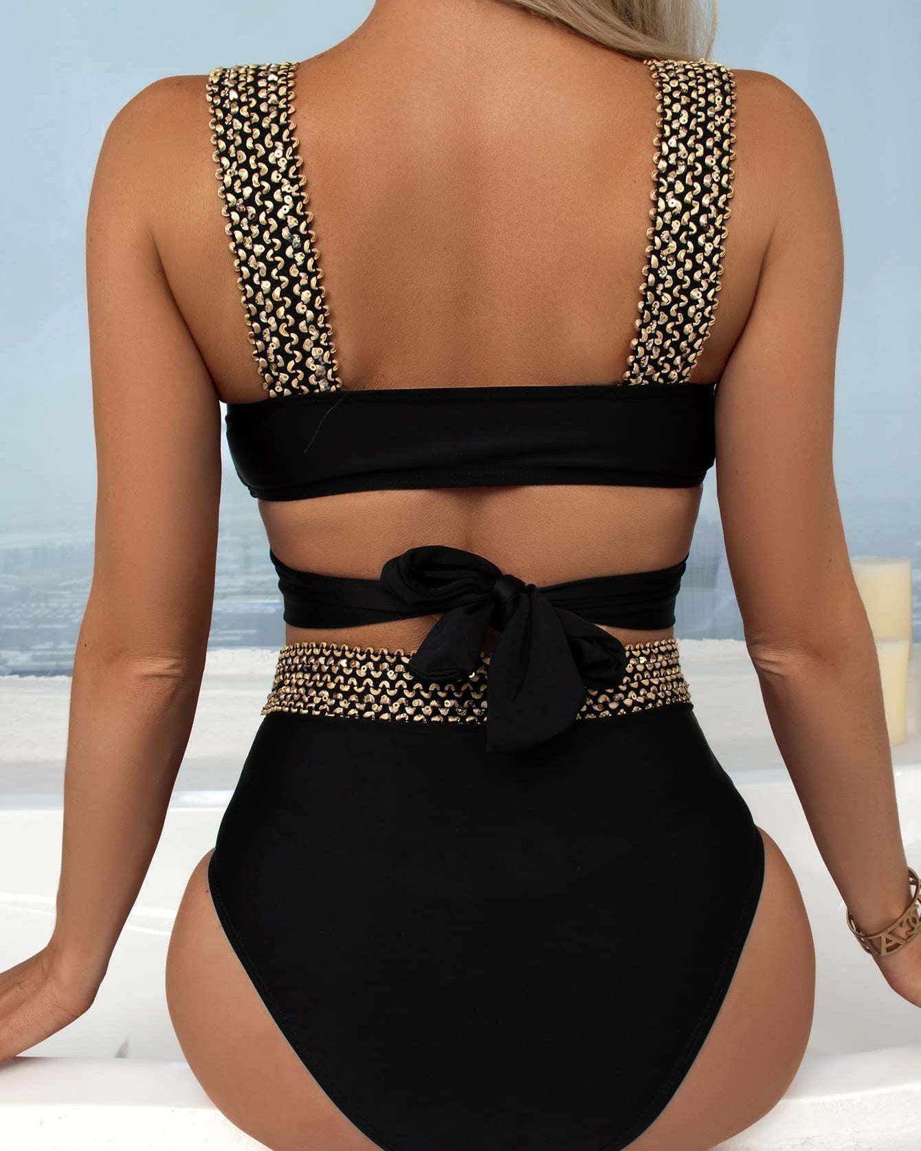 High-Waisted Bikini with Elegant Golden Cross Straps