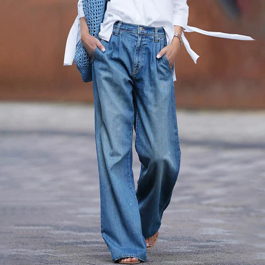 Women's High-Waisted Pleated Blue Wide-Leg Jeans Relaxed Fit