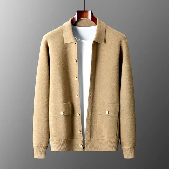 Men's Collared Cardigan With Button Front And Patch Pockets