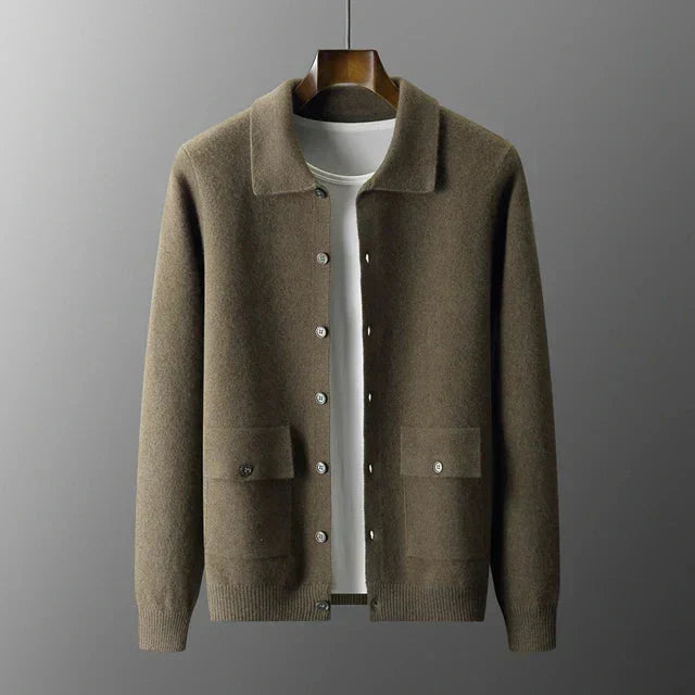 Men's Collared Cardigan With Button Front And Patch Pockets