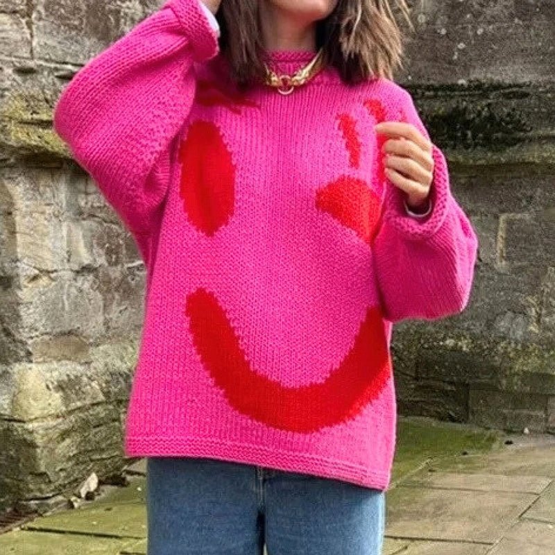 Extra Large Chunky Knit Sweater with Smiley Design