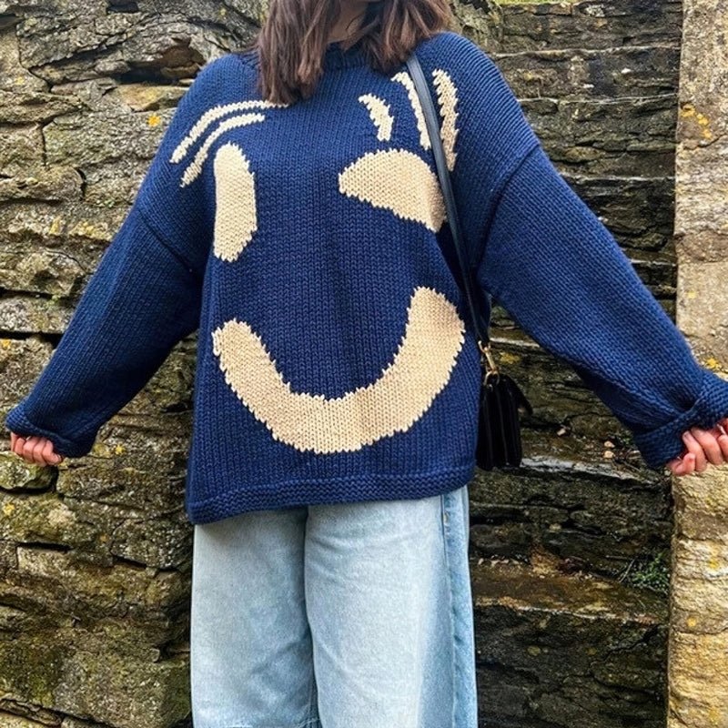 Extra Large Chunky Knit Sweater with Smiley Design