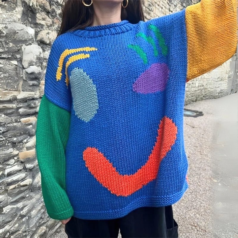 Extra Large Chunky Knit Sweater with Smiley Design