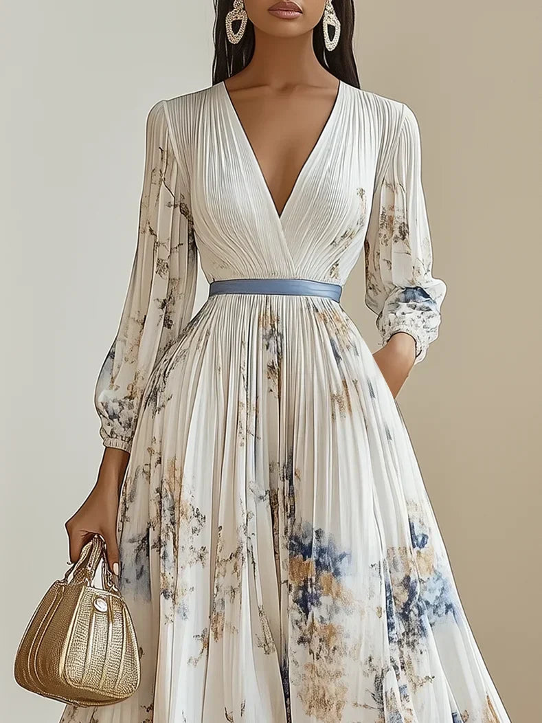 Watercolor Floral Pleated Maxi Dress with V-Neckline