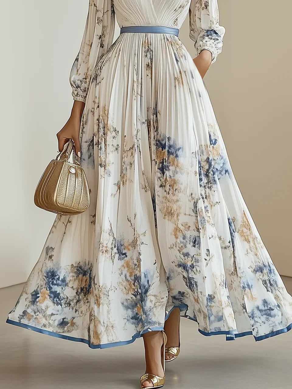 Watercolor Floral Pleated Maxi Dress with V-Neckline