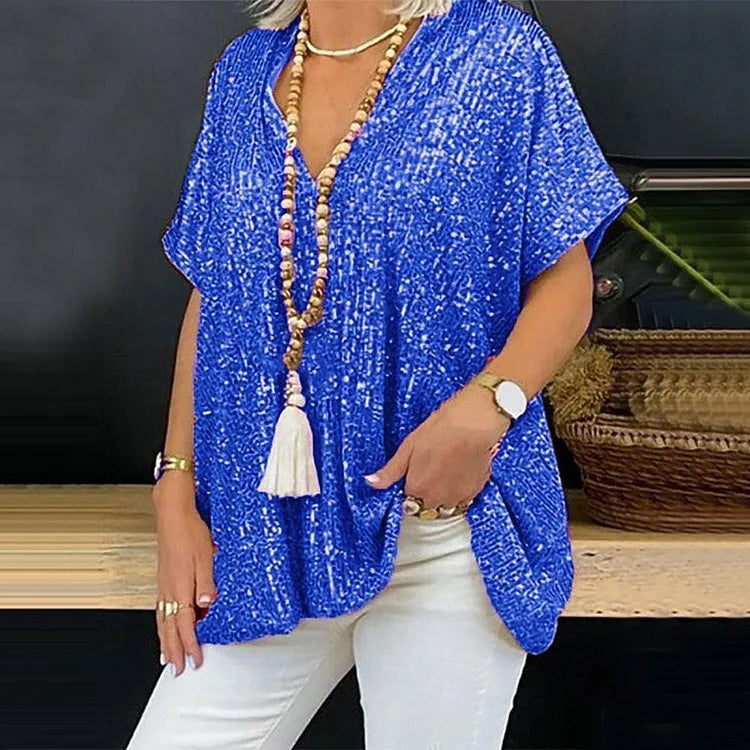 V-Neck Sequin Top with Elegant Design and Sparkling Detail