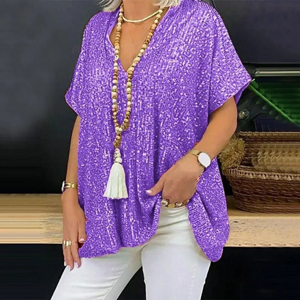 V-Neck Sequin Top with Elegant Design and Sparkling Detail