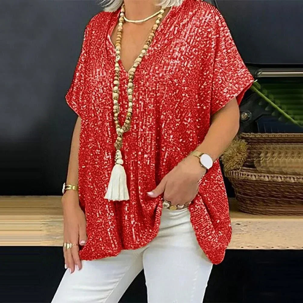 V-Neck Sequin Top with Elegant Design and Sparkling Detail