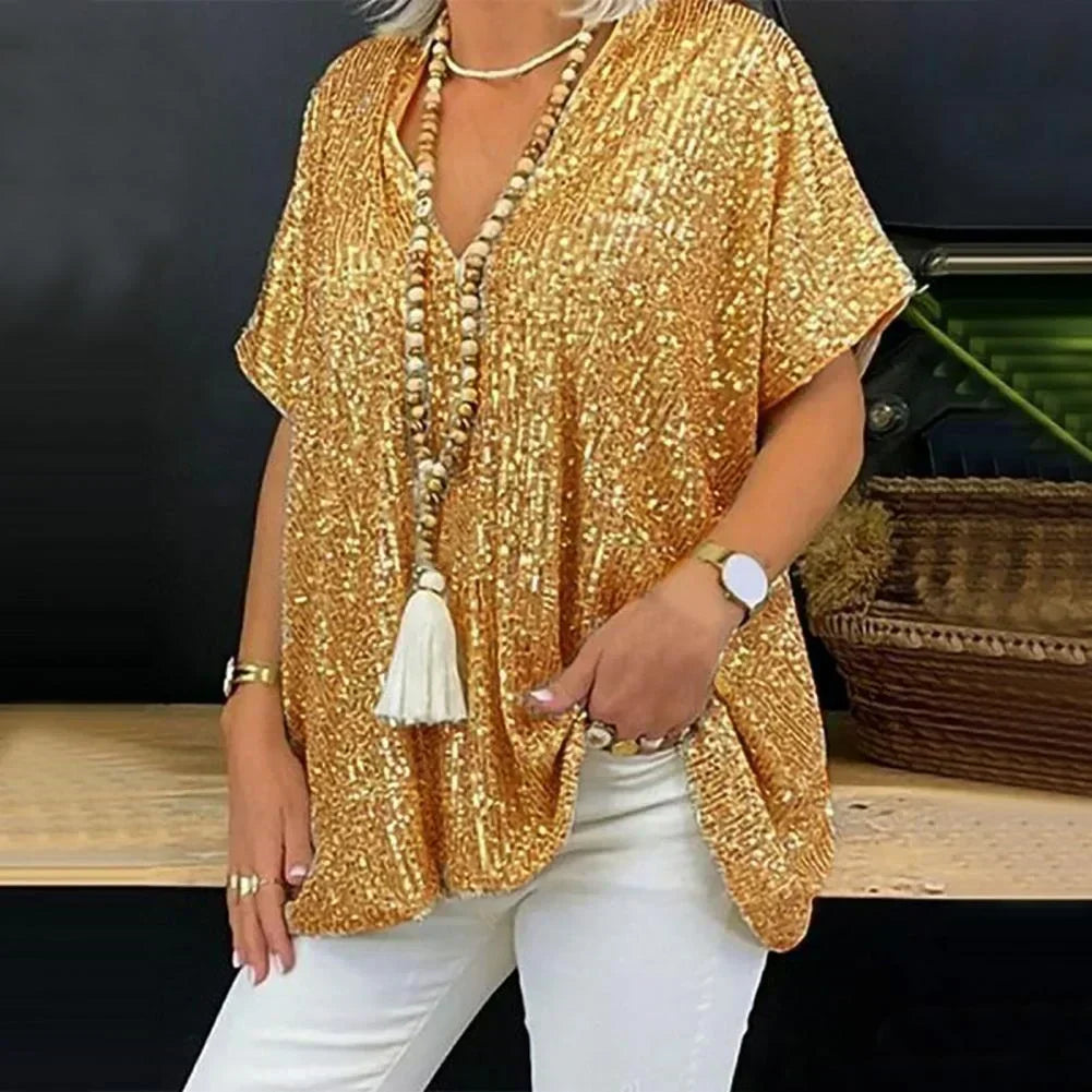 V-Neck Sequin Top with Elegant Design and Sparkling Detail