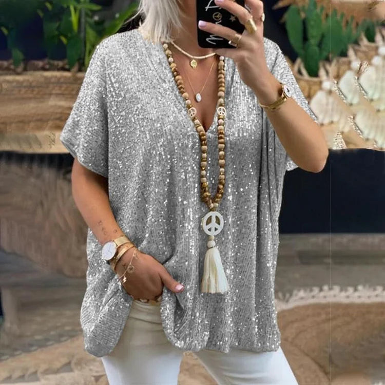 V-Neck Sequin Top with Elegant Design and Sparkling Detail