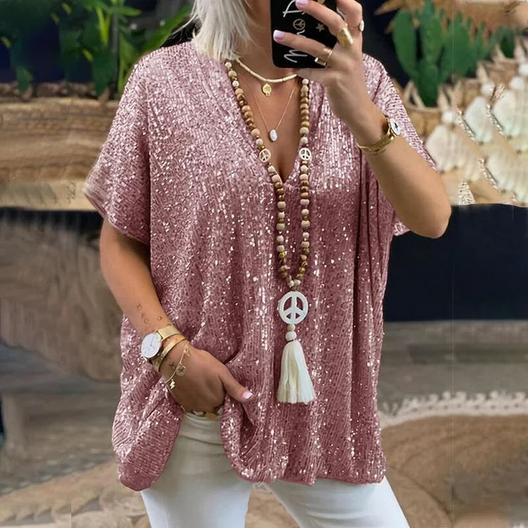V-Neck Sequin Top with Elegant Design and Sparkling Detail
