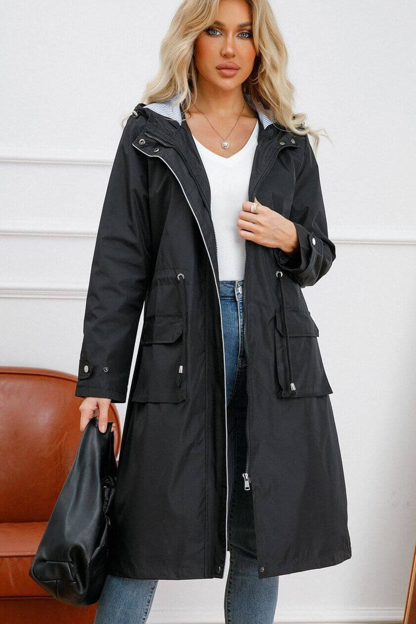 Long Hooded Coat with Pockets and Warm Fabric
