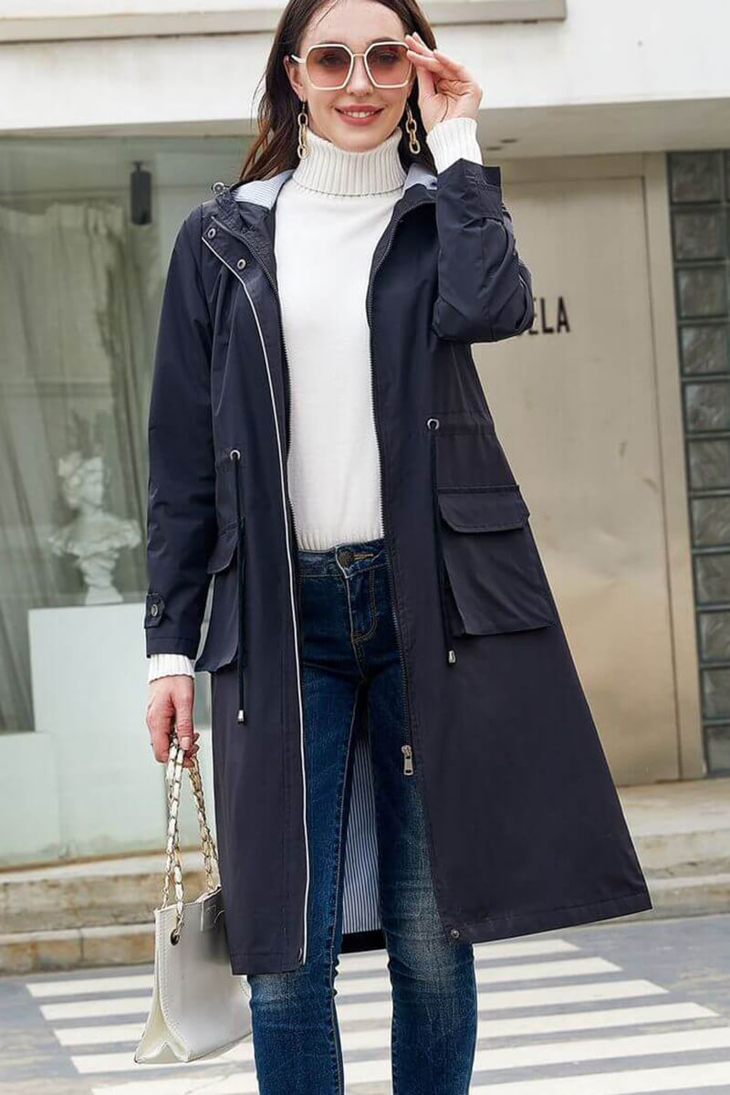Long Hooded Coat with Pockets and Warm Fabric