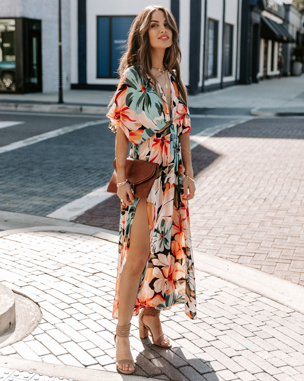 V-Neck Amelia Flores Dress with Elegant Slit Detail