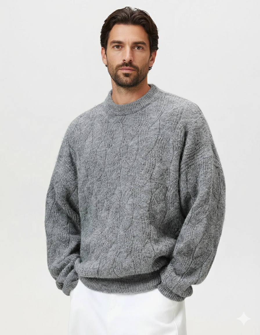 Men’s Oversized Cable-Knit Wool Blend Crewneck Sweater