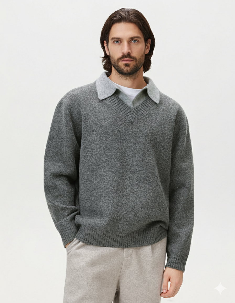 Men’s Wool-Blend Collar V-Neck Knit Sweater