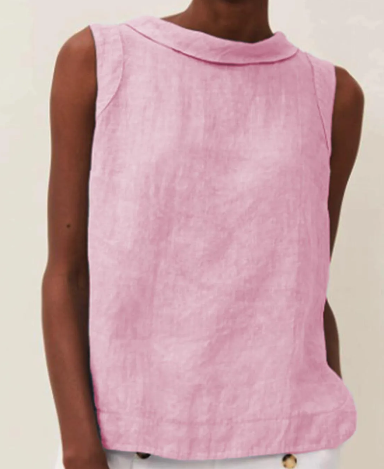 Lightweight Linen Short Sleeve Blouse with Round Neck for Summer