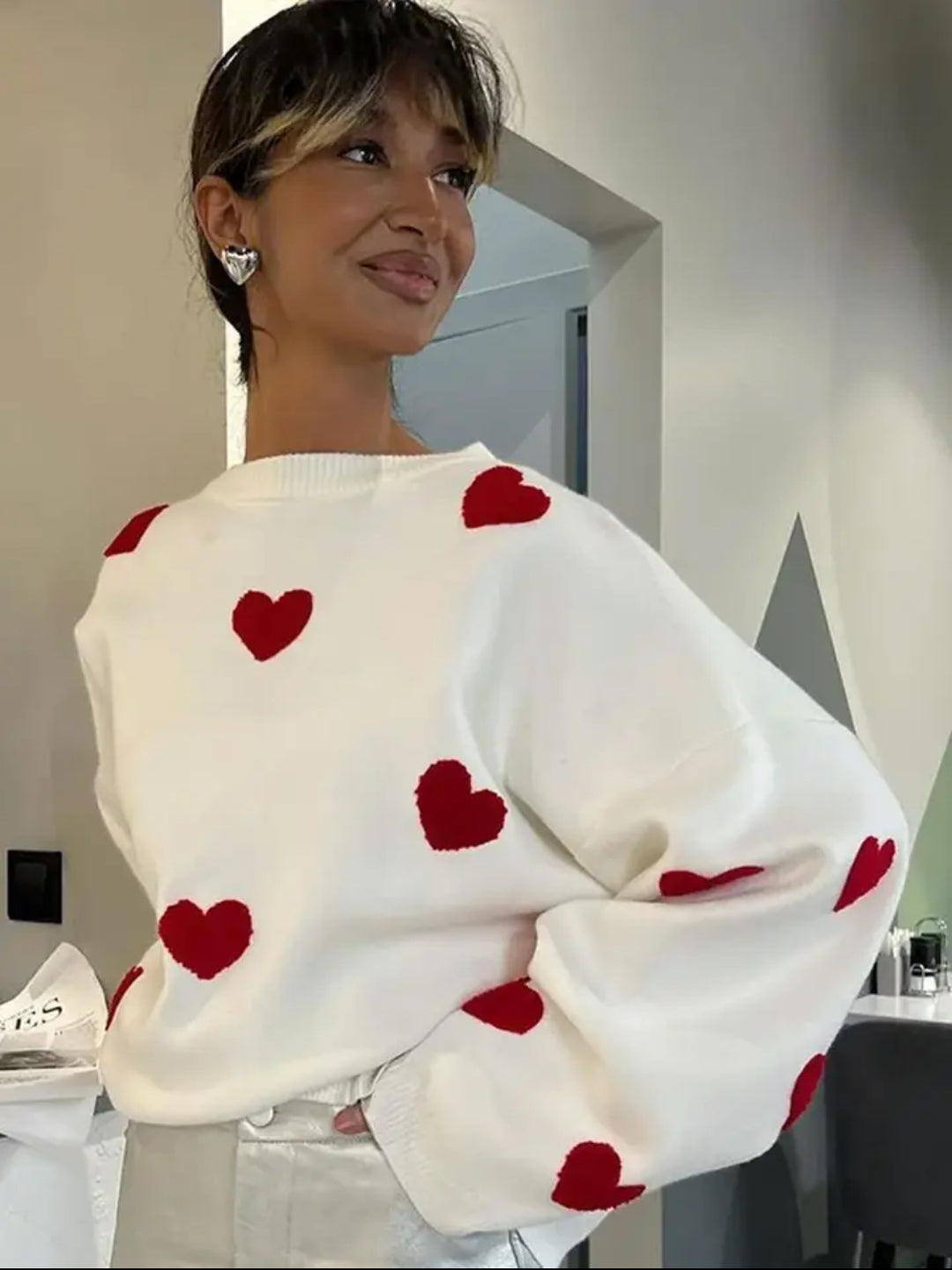 Embroidered Heart Knitted Sweater for Cozy Style